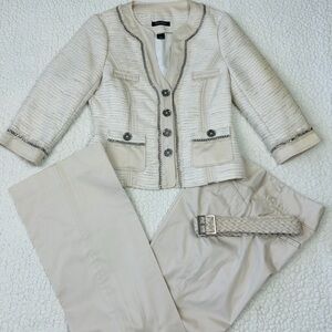 White House Black Market 2 Piece Pants Suit Size 4 Beige Tweed Embellished